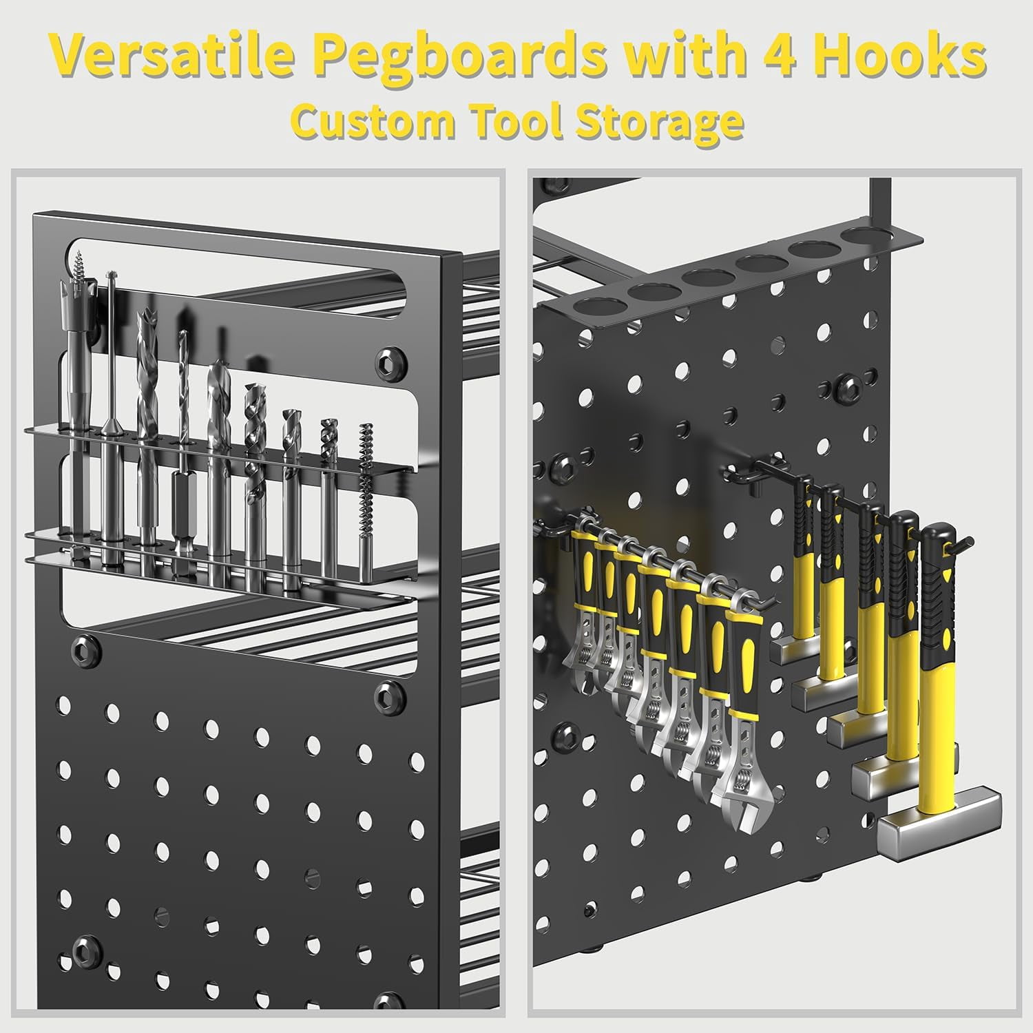 Heavy Duty 4-Tier Power Tool Organizer Wall Mount with 12 Drills Holder, Pegboard Panels, 4 Hooks, Large Battery Holder