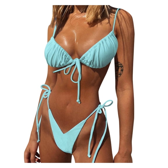 DHFJKG Swimsuits For Women 2 Piece Bikini Set Solid Color Triangle Tie Front Bra Thong Bottoms Color Block Vacation Beachwear