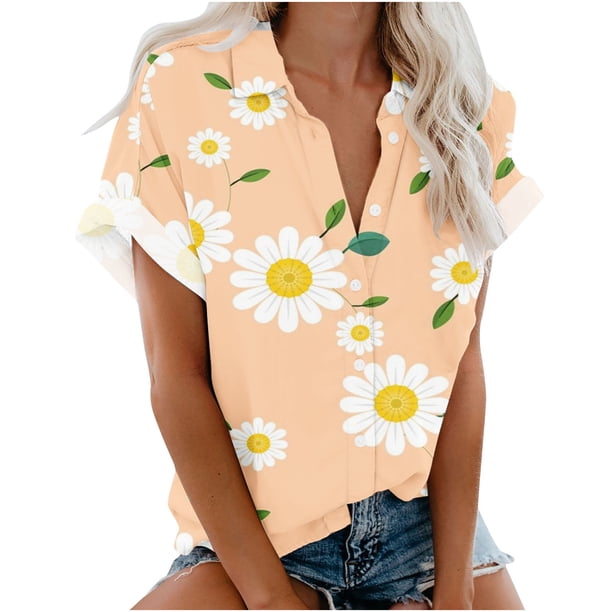 Blusa con estampado floral de manga corta con cuello en V para mujer OAVQHLG3B Store lin121212