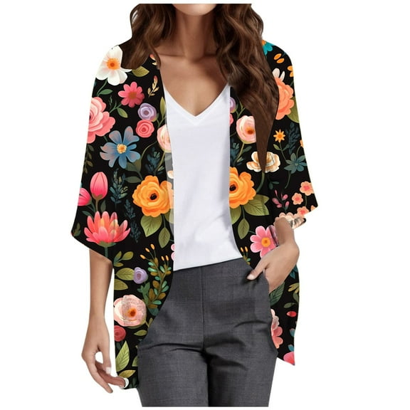 Women's Casual F Fashion Print Lightweight And Comfortable Beach Vacation Chiffon Cardigan Sun Cardigan Womens Long Sleeve Tops Womens Sun Shirt