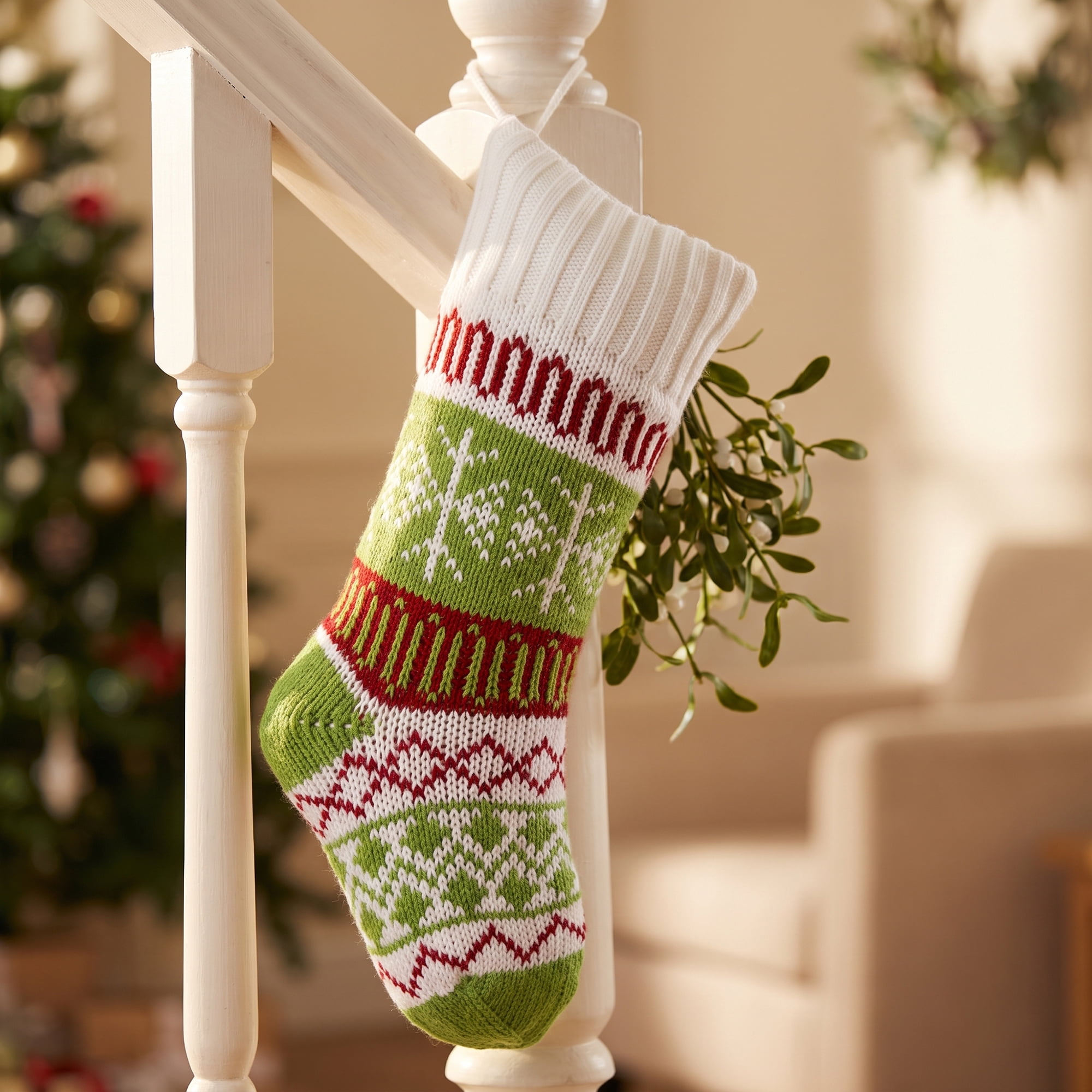 Unique Bargains Holiday Christmas Double Layer Knitted Motif Stocking White 20"