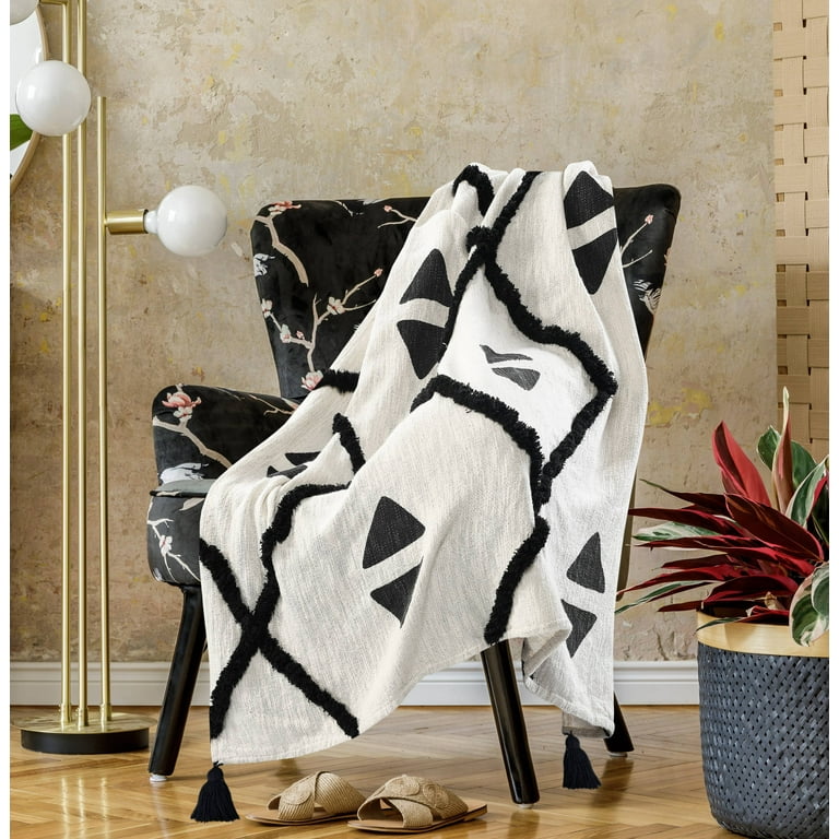 LR Home Boho Tufted Diamond Cotton Throw Blanket Black White 50