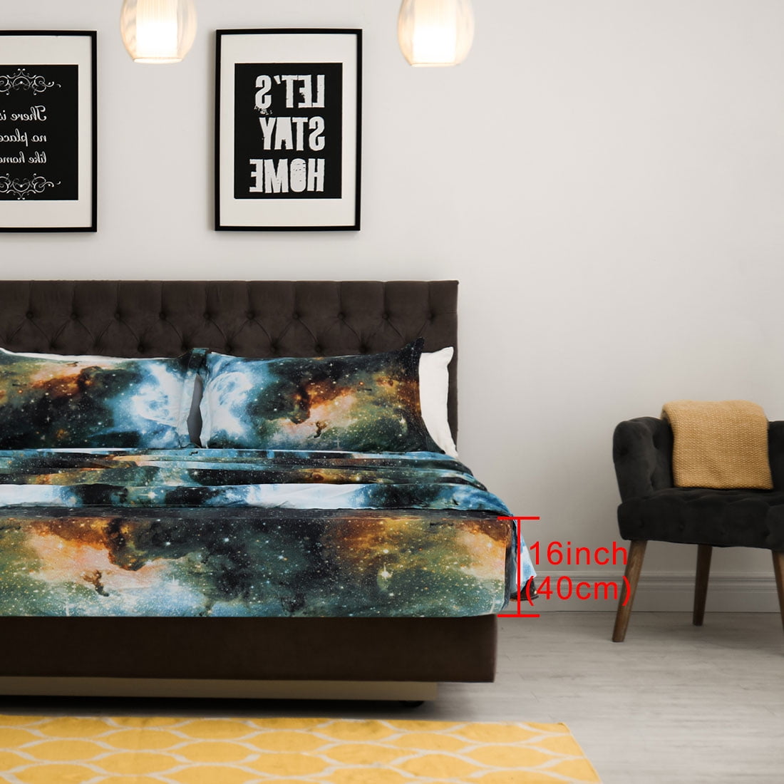 Unique Bargains Galaxy Print Bed Sheets Pillow Cases Bedding Set, Green, Queen