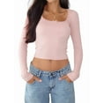thumbnail image 1 of Haut Court à Manches Longues pour Femmes, Col Carré, Mignon Tricoté Côtelé, Nœud en Dentelle, Patchwork, T-Shirts Roses P, 1 of 7