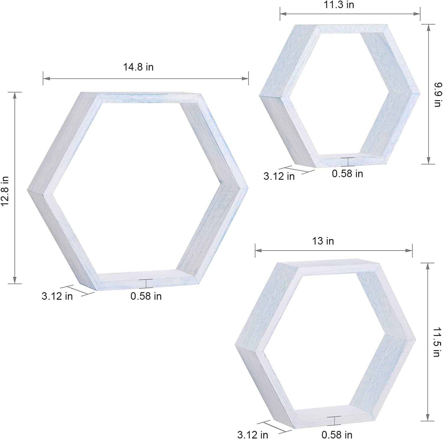 Oumilen 15.7” x 3.9” Blue White Hexagon Floating Shelves, Set of 6