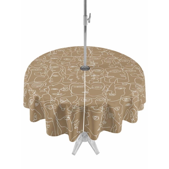 Outdoor Tablecloth with Umbrella Hole for Patio/Picnic/Party/Camping, Brown Boho Waterproof Table Cloth Round Cover Washable, Modern Minimalist Feminine Face Lines (Dia 54")