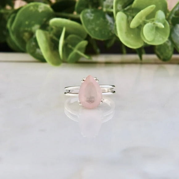 Rose Quartz Ring, Designer Statement Natural Gemstone Pear Drop Pink Stone Ring