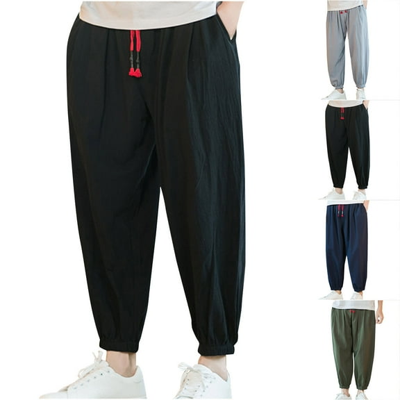 Men's Cotton Linen Harem Pants Drawstring Casual Cropped Trousers Lightweight Loose Beach Yoga Pants with Pockets Size M-5XL Navy