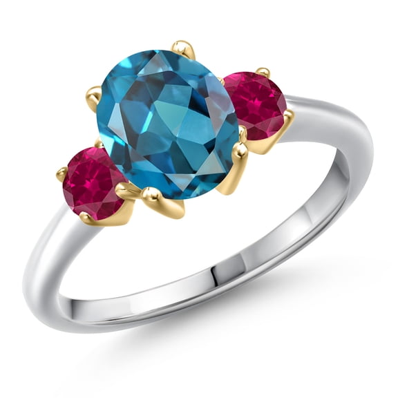 Gem Stone King 10K Two Tone Gold London Blue Topaz and Red Created Ruby Engagement Ring for Women | 2.75 Cttw | Oval 9X7MM | Gemstone November Birthstone | Size 8