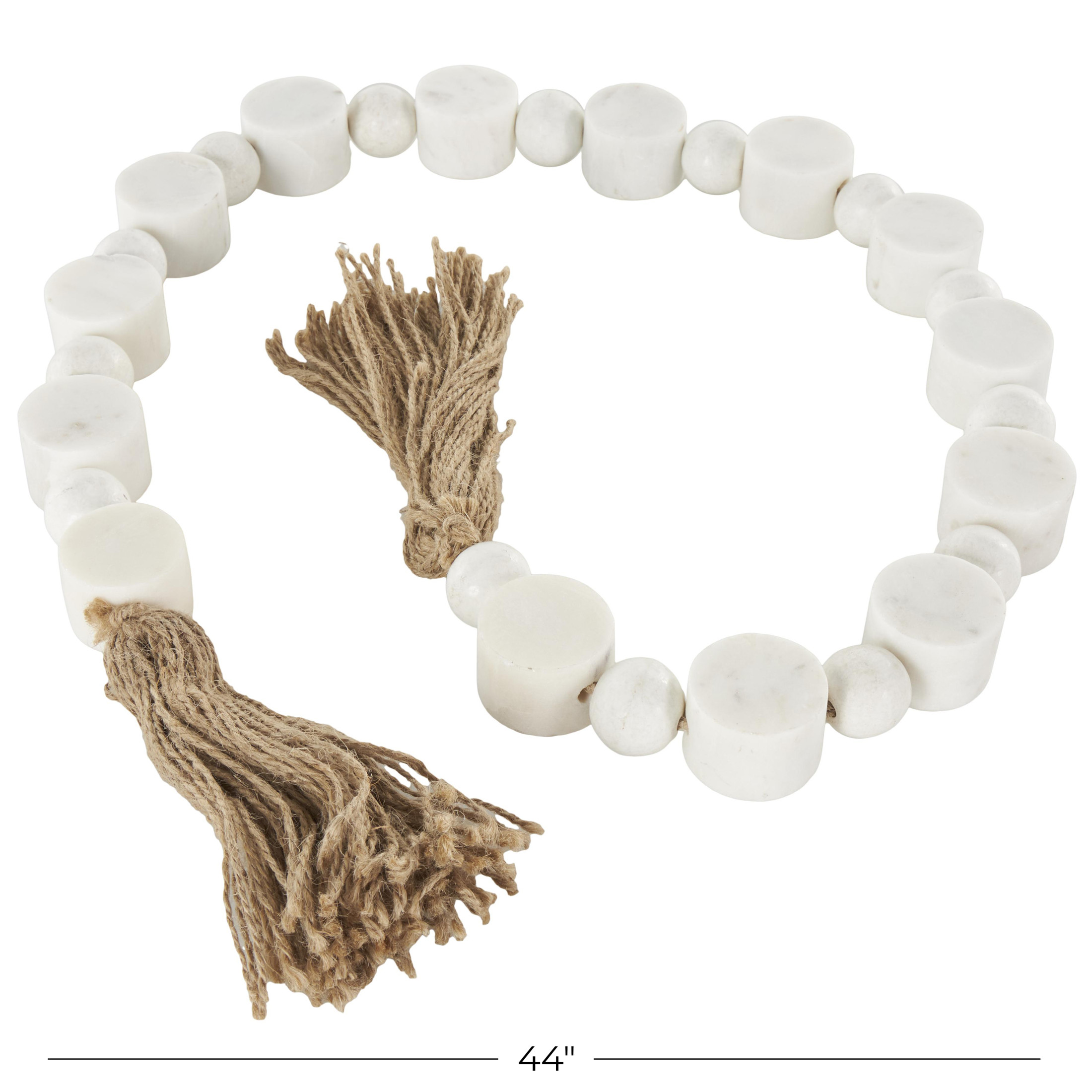 DecMode Handmade Round Extra Long Orb White Marble Garland with Tassel with Knotted Brown Jute