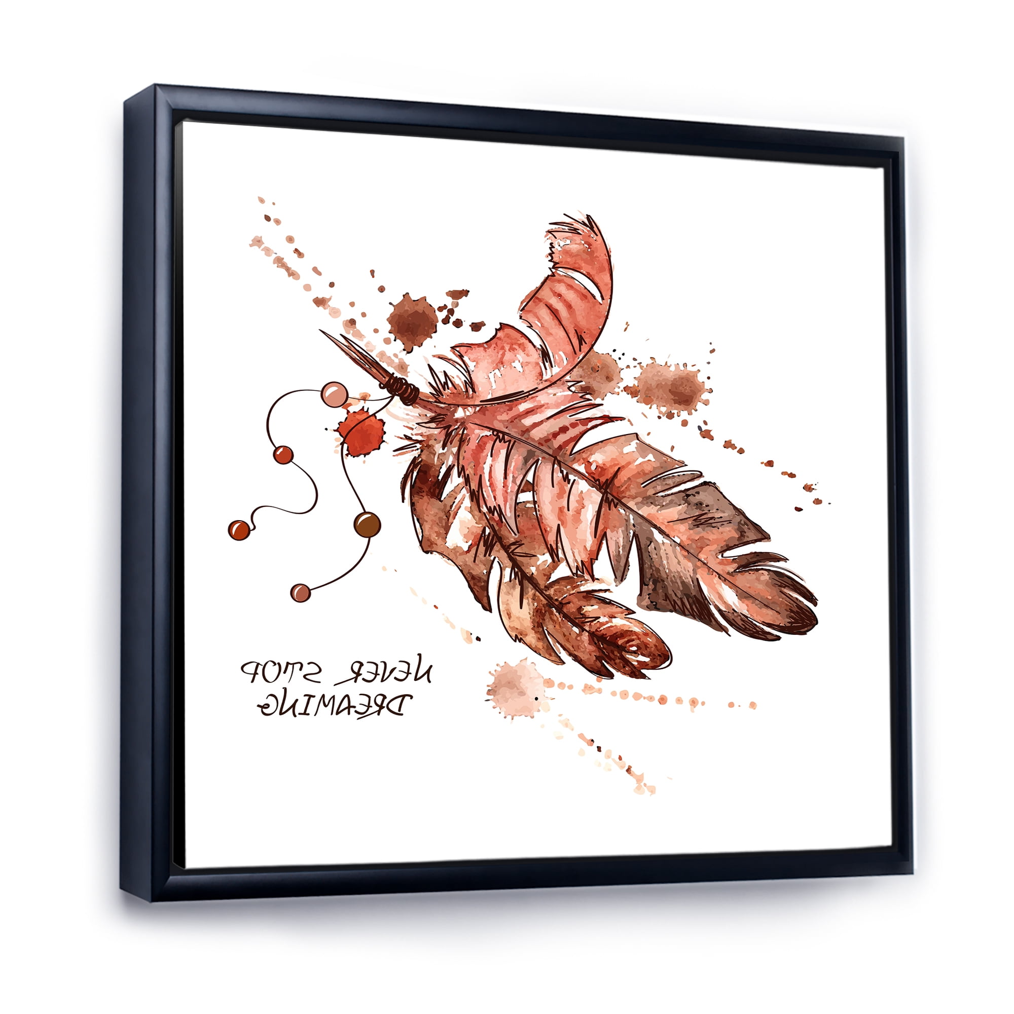 Designart 'Bird Feathers In Earth Tones Never Stop Dreaming' Bohemian & Eclectic Framed Canvas Wall Art Print