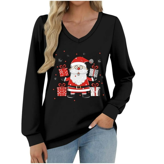 Christmas Sweatshirt Womens Santa Shirts V Neck Pullover Ugly Xmas Holiday Shirt Long Sleeve Tops Lightweight