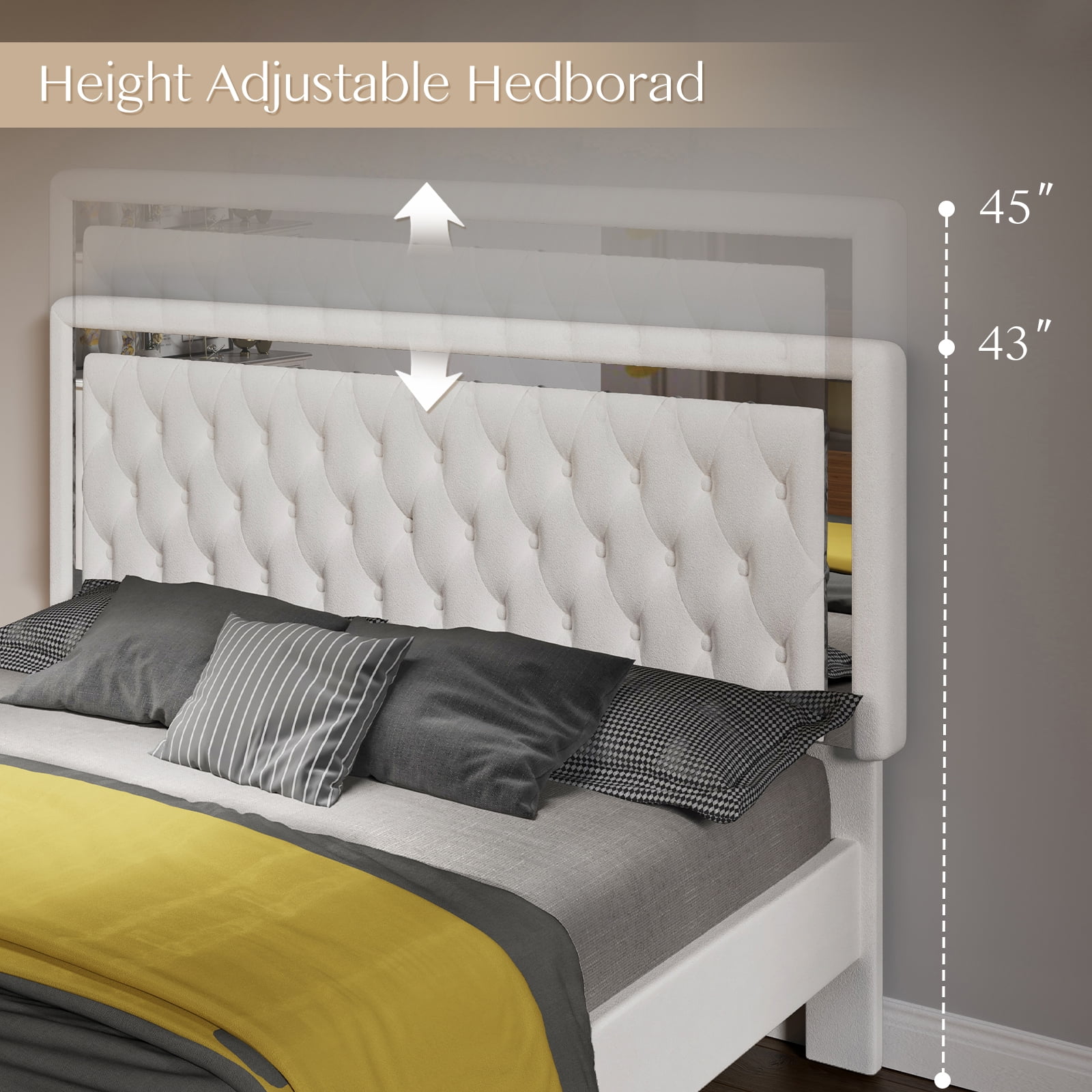 Merluxy Queen Bed Frame with Led Lights Headboard,Acrylic Mirror Accents,No Box Spring Needed,Velvet Cream