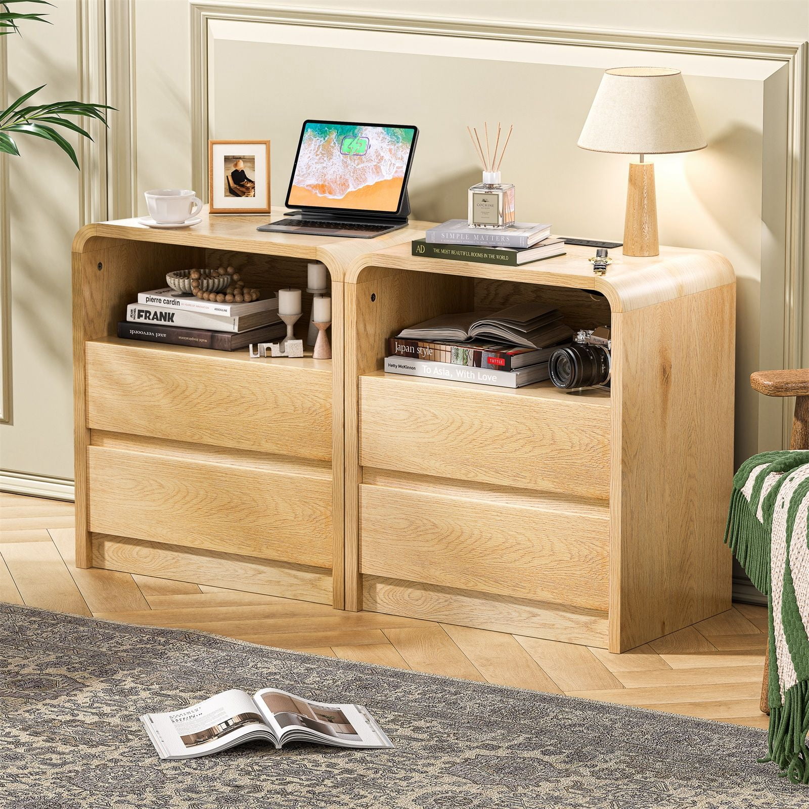 Hommoo Modern 25" Wood Nightstand with Built-in Charging Station, 2-Drawer Mid-Century Bedside Table with 2 AC Outlets & 2 USB Ports, Natural