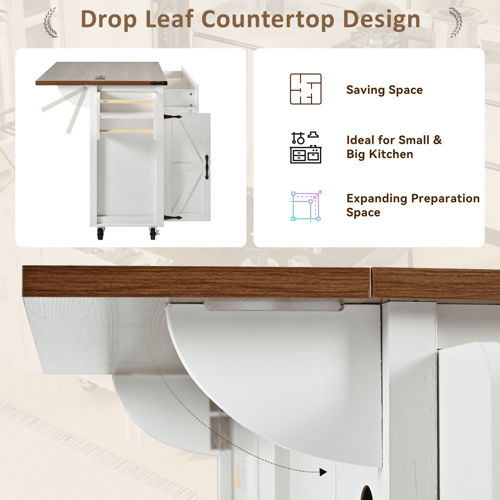 Euroco Farmhouse Kitchen Island with Storage, Rolling Kitchen Cart on Wheels with Power Outlet,Drop Leaf, Spice Rack and Drawer for Dining Room, White