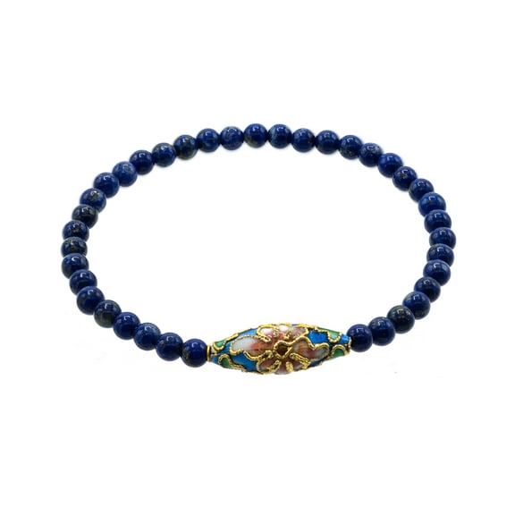 LTC Designs 4mm Smooth Round Lapis Lazuli Stretch Bracelet with an Oval Blue Cloisonné Centerpiece, 6.5" for Women, Men, and Young Adults