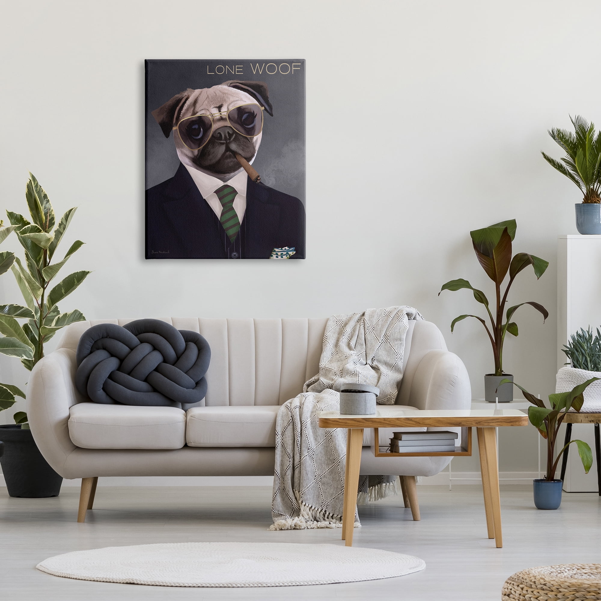 Stupell Industries Lone Woof Pug Dog Smoking Cigar Necktie Graphic Art Gallery Wrapped Canvas Print Wall Art, Design by Diane Neukirch