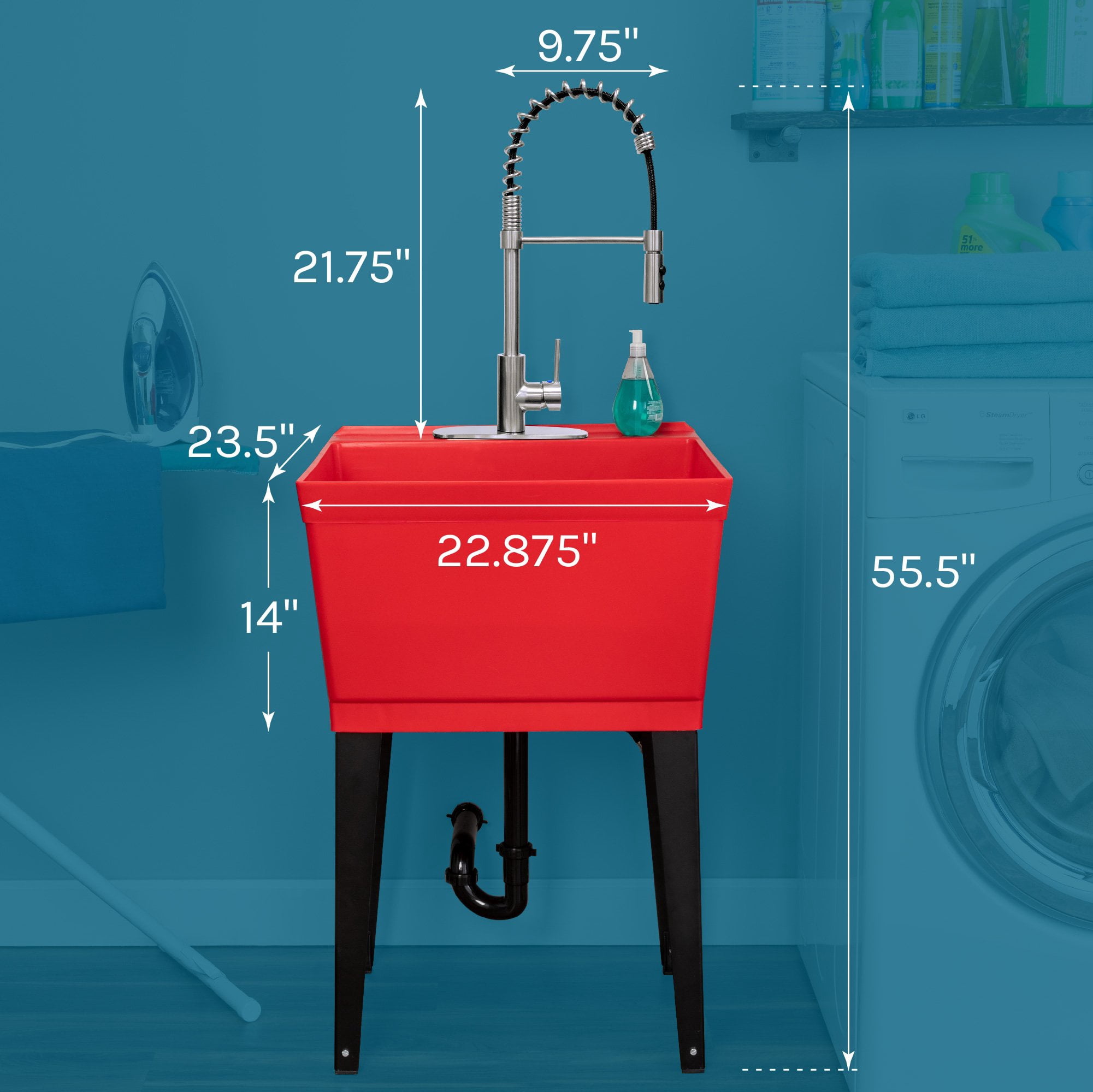 Tehila Utility Sink with Stainless Finish Coil Pull-Down Faucet 19 Gallon - Red