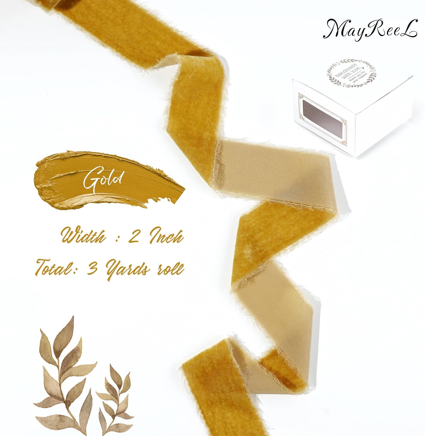 2 Inch Gold Velvet Ribbon Hand Torn Golden Silk Frayed Edge for Bridal Bouquets Invitations Wedding Vow Books Gift Baskets Hair Bows 3 Yards