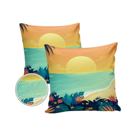 Pack of 2 Outdoor Pillow Covers, Beautiful Summer Landscape of Coastal Beach Waterproof Square Throw Pillowcase Cushion Decorative Pillow Covers for Couch Patio Tent, 20x20 in