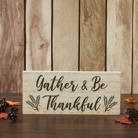 VHC Brands Gather & Be Thankful Wheat Stalks MDF Sign 7x16, Holiday Decoration for Tabletop, Table Decor for Thanksgiving
