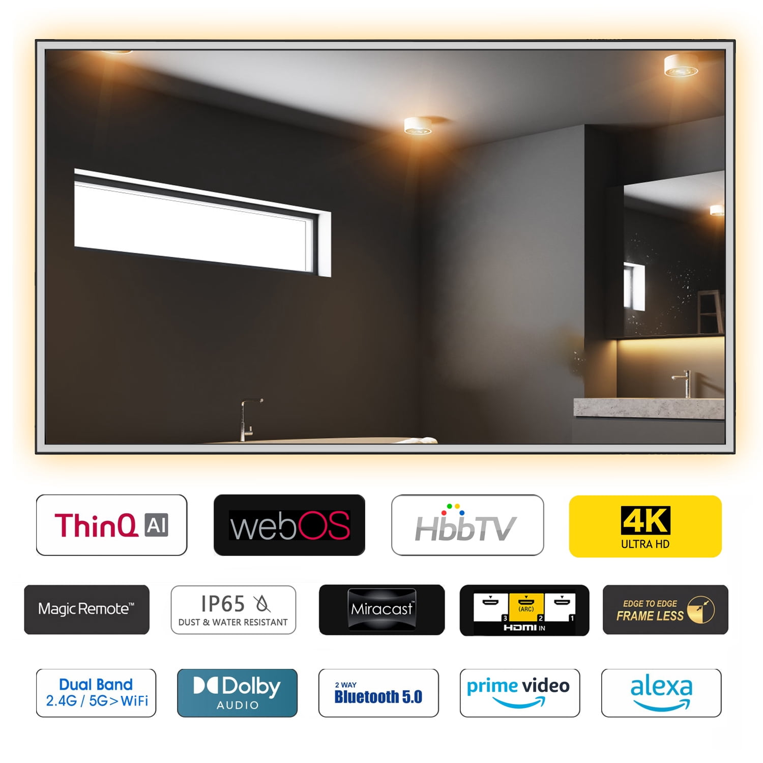Soulaca 43 inches Smart webOS Mirror TV with LED Light 4K Screen Makeup Sink Decoration Built-in ATSC Voice Control Alexa