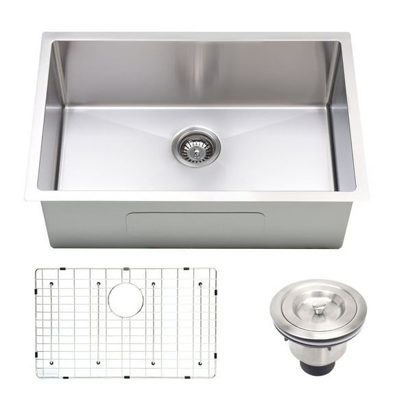 Vuzati 30" x 18" x 9" Undermount Stainless Steel Single Bowl Kitchen Sink With Basket Strainer and Bottom Grid