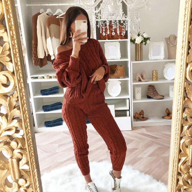 Autumn Women Sweater Set Warm Knitted Sets O Neck Solid Knitting Sweater and Long Pants Set
