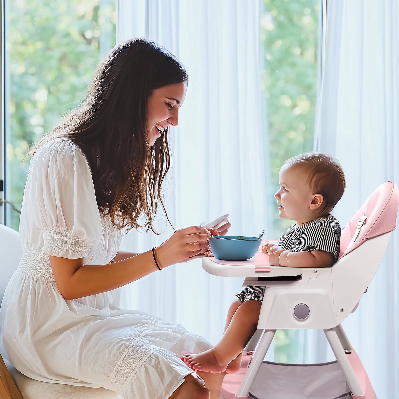 Ktaxon Baby High Chair, Convertible 6 in 1 High Chairs for Babies and Toddlers, Foldable Baby Highchair with 5-Point Safety Harness, Adjustable Dining Tray, Backrest & Height, Pink
