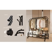 Fybee Heavy Duty Rolling Clothing Rack, Adjustable Double Rod Garment Organizer with 2 Shelves & Hooks, Mobile Wardrobe for Bedroom/Closet, Black