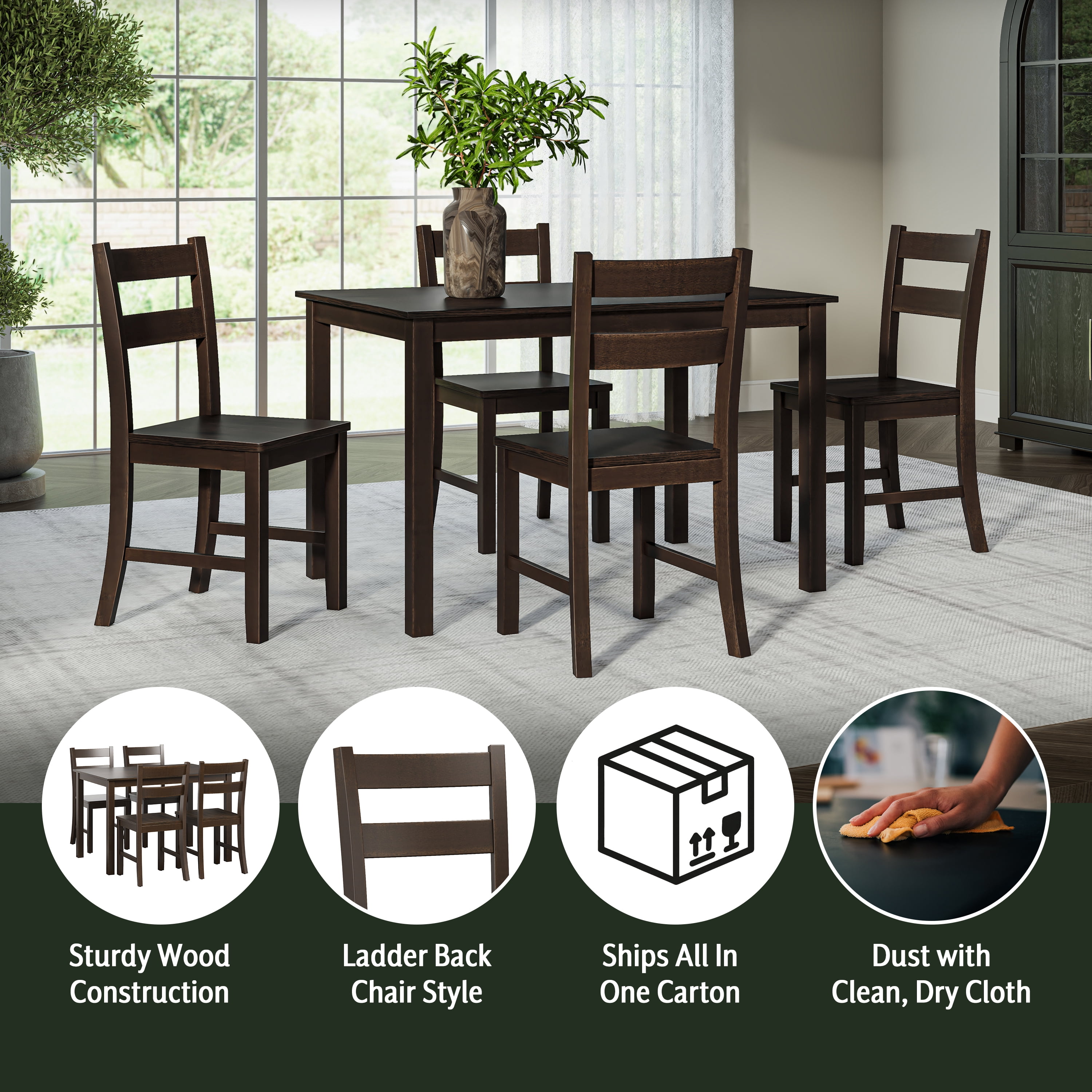 Mainstays Eastwood 5 Piece Wooden Dining Set, Dark Brown