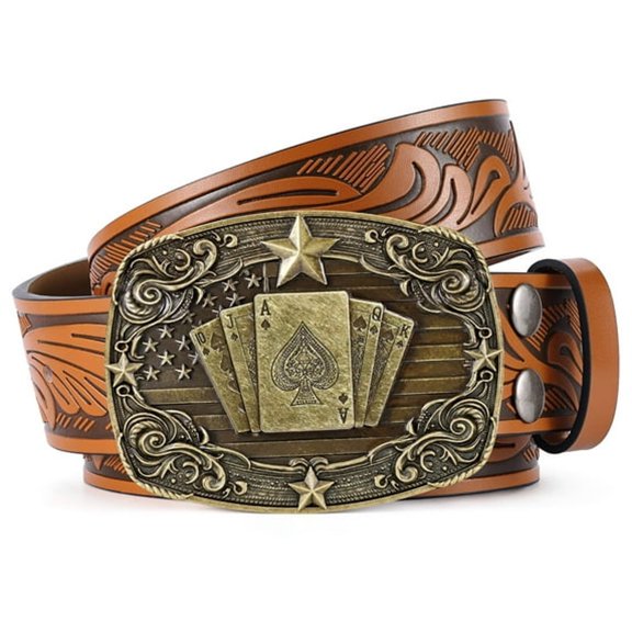 TELOLY Western Leather Belts for Men Women Engraved Belt,Cowboy Cowgirl Embossed Belt for Jeans Christmas Gifts,Cowboy Belts for Women