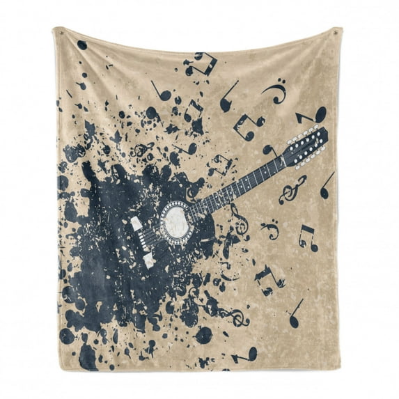 Modern Soft Flannel Fleece Throw Blanket, Acoustic Guitar on Retro Murky Background Music Notes Melody Illustration, Cozy Plush for Indoor and Outdoor Use, 60" x 80", Beige Dark Blue, by Ambesonne