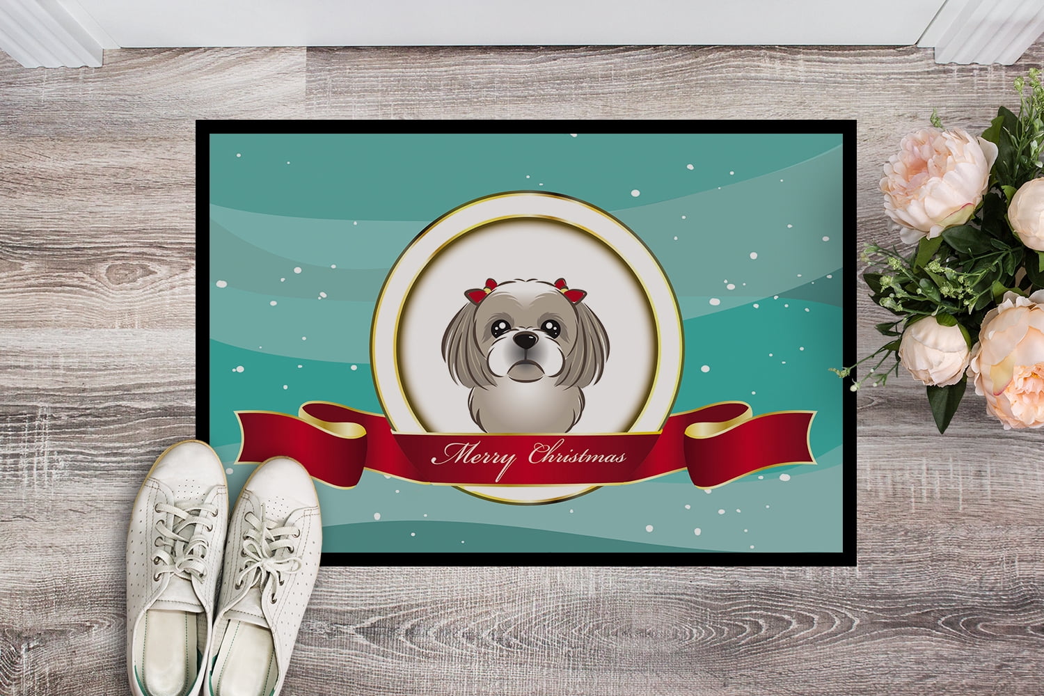 Gray Silver Shih Tzu Merry Christmas Door Mat