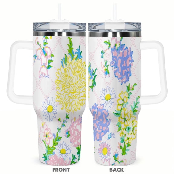 40oz Watercolor Floral Lattice Insulated Tumbler with Handle and Straw Spring Garden Travel Coffee Cup Gift