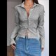 thumbnail image 5 of Camisa Corta A Rayas con Botones y Larga Ajustada para Mujer, Blusa de Trabajo Gris M, 5 of 10