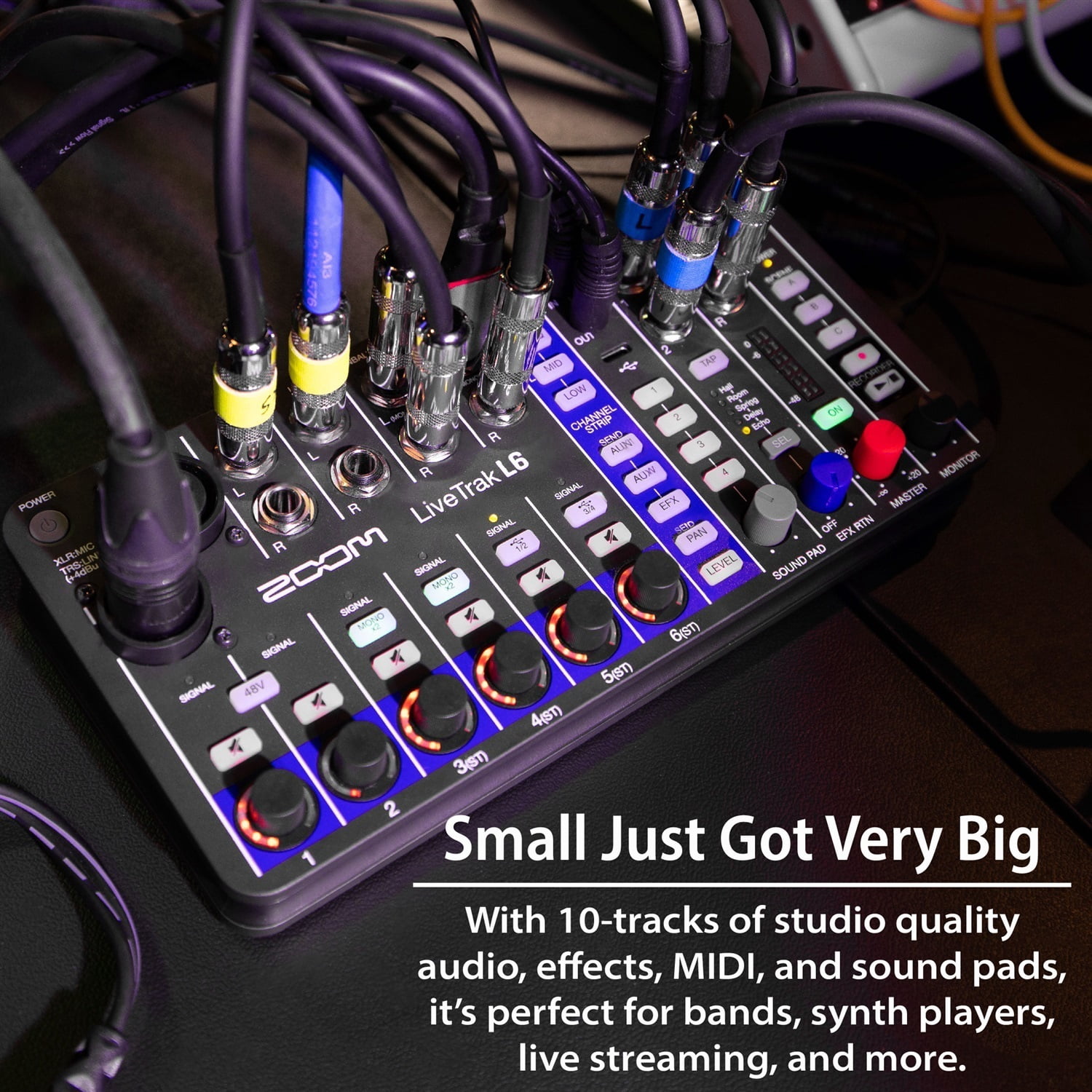 Zoom LiveTrak L6 6-Channel Digital Mixer and Multitrack Recorder Bundle with 2× 10ft XLR Cables, 32GB microSDHC Card, USB Cable, AA Batteries, Limited 1-Year Manufacturer Warranty