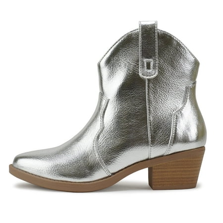 

Omagie Women Cowboy Western Stitched Ankle Boots Pointed Toe Short Low Block Heel Booties JORIAH-S Silver Metallic 6