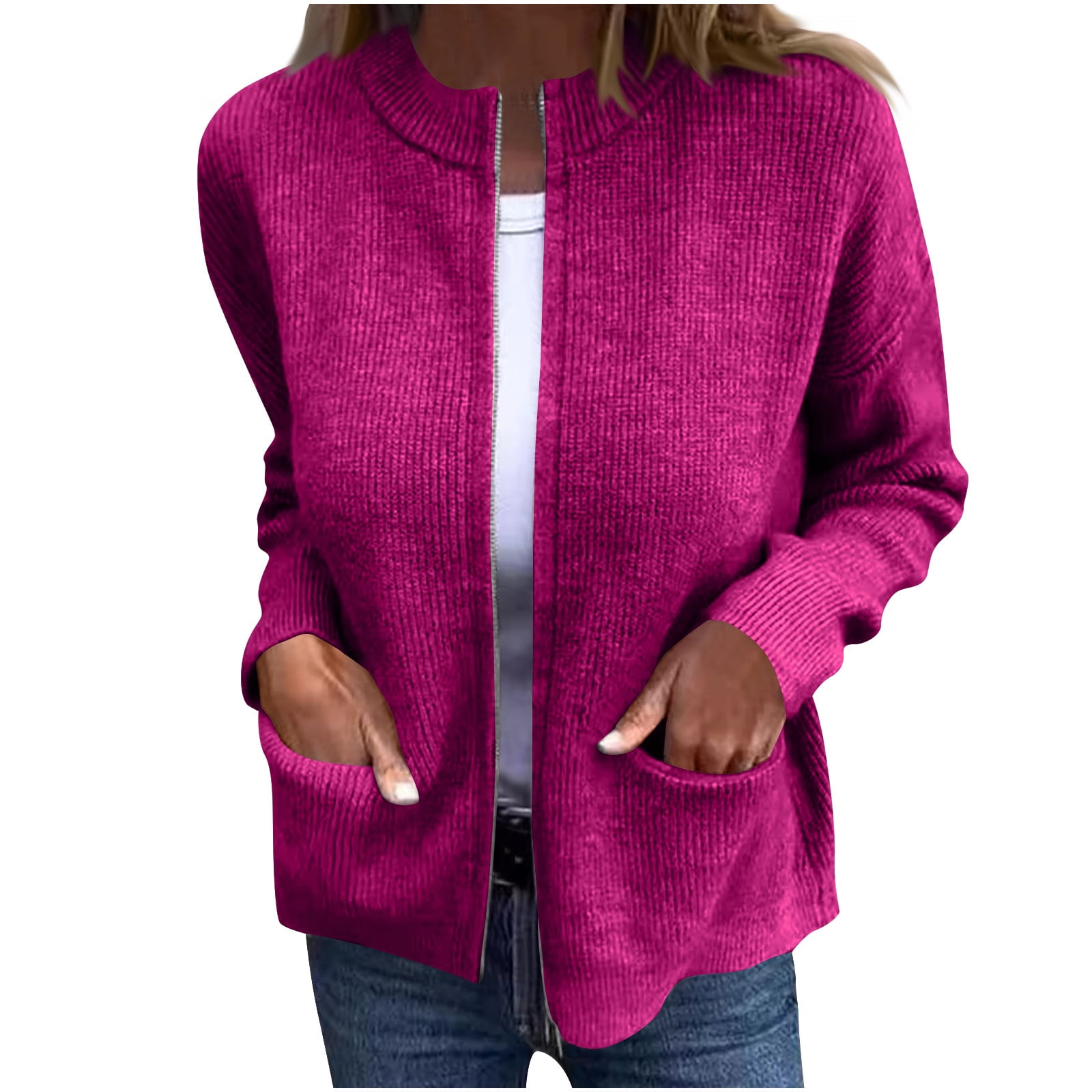 Women's Knitted Jacket Casual Comfy Stand Collar Sweater Solid Zip Up Jacket Coat Lightweight Fall Winter Ribbed Knit Sweater Hot Pink L - image 2