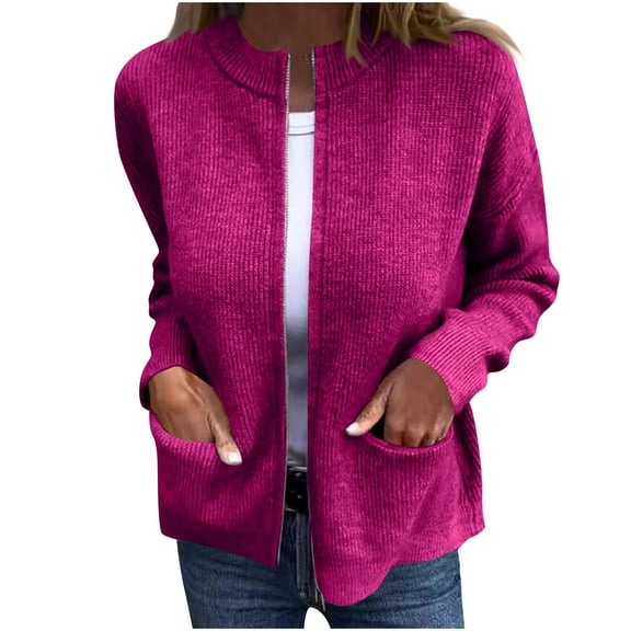 Drses Women's Solid Color Knit Jacket - Stylish with Pockets and Zipper