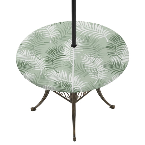 Outdoor Tablecloth with Umbrella Hole and Zipper Green Tropical Palm Leaves Round Fitted Table Cover with Elastic Waterproof Summer Jungle Foliage Patio Tablecloths for Picnic BBQS Fit 55"-60"