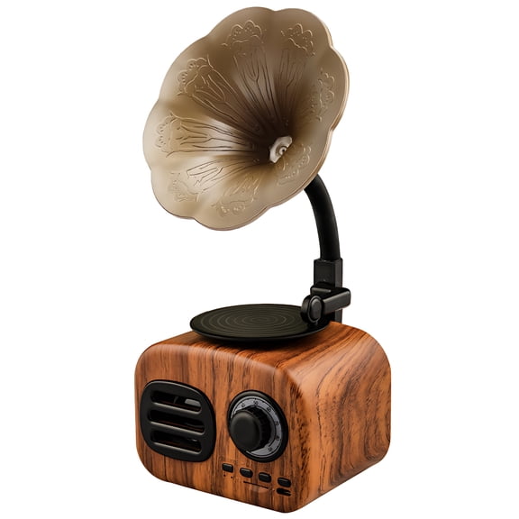 Classic Yellow Wood Grain Gramophone Speaker, Mini Vintage Wireless Ornament, Multifunctional Controls, Portable Design, 1200 mAh Power, 3.7 x 2.8 x 2.4 in