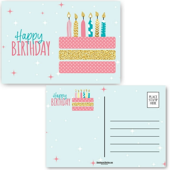 Stonehouse Collection - Cute Happy Birthday Postcard – Festive Pink & Yellow Cak