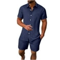 thumbnail image 2 of Hrsba Men Outfits 2 Piece Set, Solid Color Lapel Short Sleeve and Drawstring Elastic Waist Summer Fashion Daily Set, 2 of 5