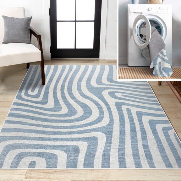 JONATHAN Y WASHABLE 8 x 10 Area Rug, Maze Abstract Two-Tone - Blue/Cream, WSH309A-8