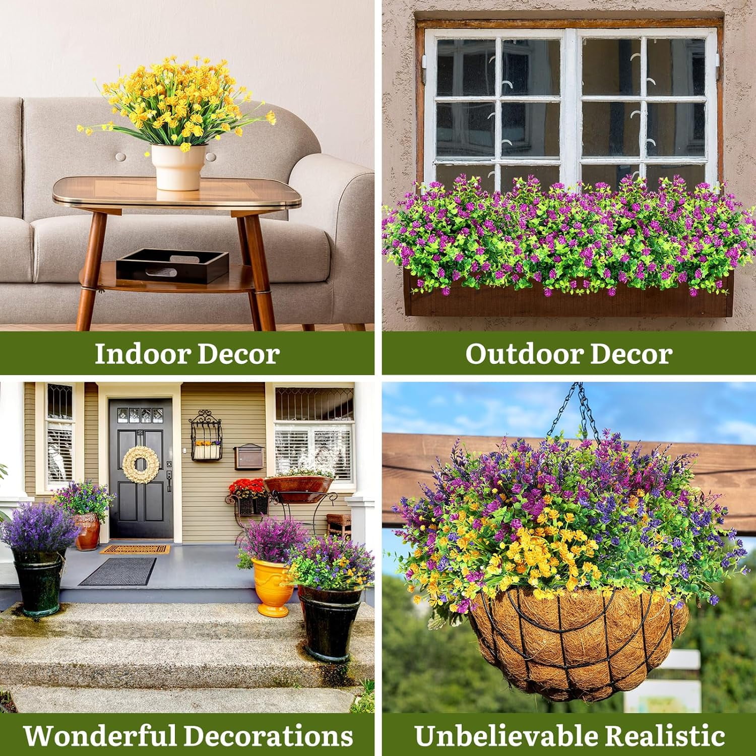 24 Bundles Artificial Fake Flowers Plastic Flower Plants Faux Outdoor Flowers Boxwood Plastic Shrubs Plants for Patio Porch Garden Window Box Home Farmhouse Vase Pots Hanging Planters