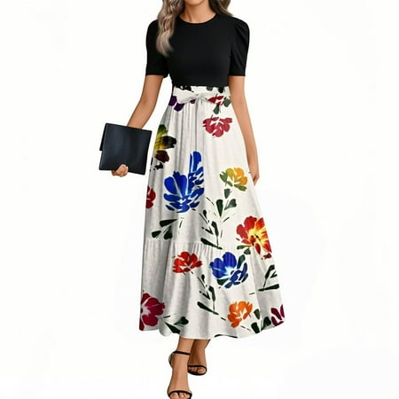 GXIPO Women s Business Casual Flowy Dress Floral Print Maxi Design Modest Tie Waist Work Attire 2025 Blue M