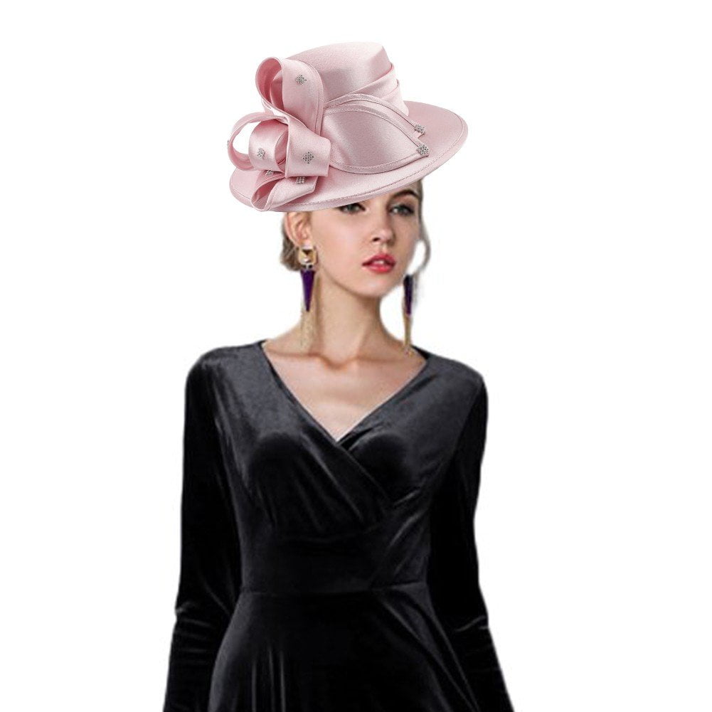 Jiibva Satin Cloth Church Hat Women Wide Brim Hat Elegant Wedding Photography Hat Female Banquet Fancy Fascinator Formal Hat