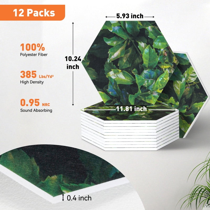 DOLLAR BOSS 12Pcs Self Adhesive Felt Board Tiles Hexagon Bulletin Board for Walls, Green Leaves Printing Hexagon Felt Bulletin Home Wall Decor, Felt Cork Pin Board for Pictures Photos Memos