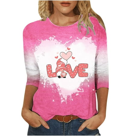 

Womens 3/4 Sleeves Blouse Fashion Retro Valentine s Day Love Printing Pullover Casual Loose Crew Neck Ladies Tunics Sweatshirt Tops